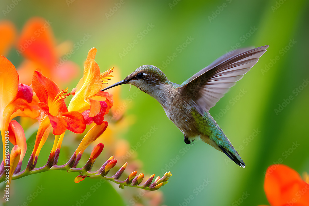 Naklejka premium Hummingbird Hovers with Beak Extended Toward Vibrant Orange Flowers Close-Up Capturing Delicate Interaction Between Bird and Blossom in Lush Natural Setting
