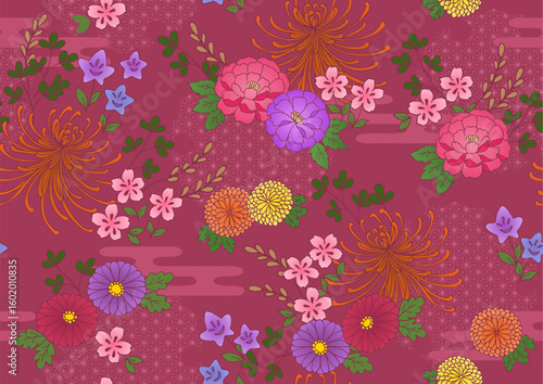 和柄 秋草模様シームレスベクター背景 菊・牡丹・撫子・桔梗・萩 レトロ 古典柄 あずき色 Japanese pattern Autumn grass pattern seamless vector background Chrysanthemum, peony, dianthus, bellflower, bush clover Retro Classic pattern brown
