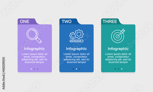 Clean 3 Steps Horizontal Tabbed Process Infographic for Strategic Business Presentation. Illustration Vector.