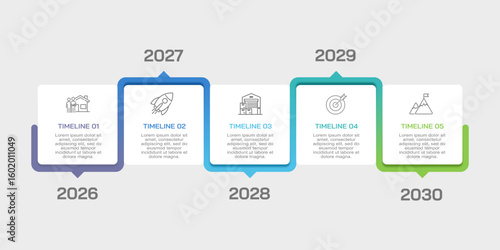 Futuristic 5 Years Business Growth Timeline with Key Milestones for Corporate Presentation. Illustration Vector.