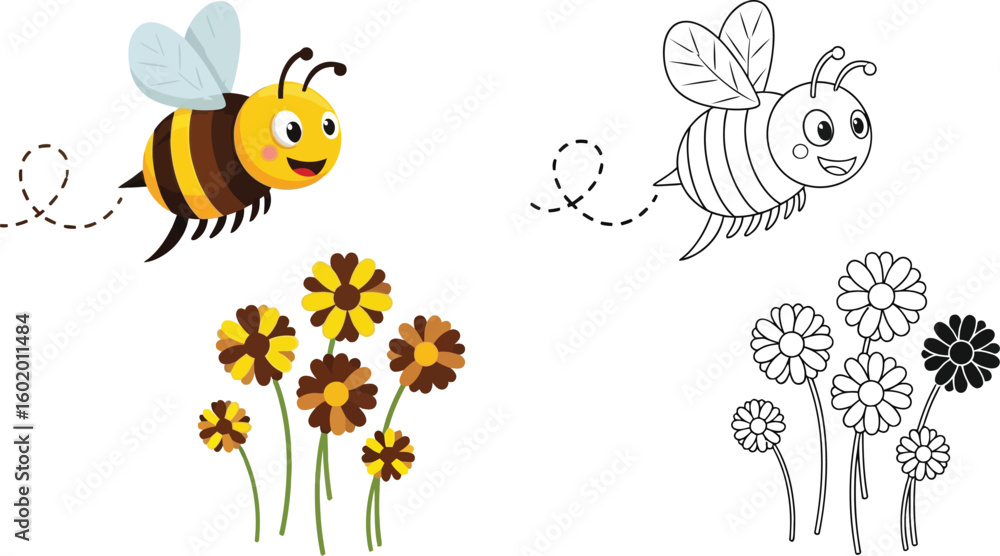 Obraz premium Cute bee flying near flowers coloring page for kids fun activity summer spring drawing illustration