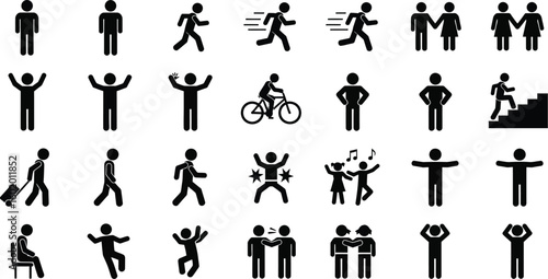 Vector art of diverse stick figure icons illustrating various human activities and interactions in a simple minimalist design