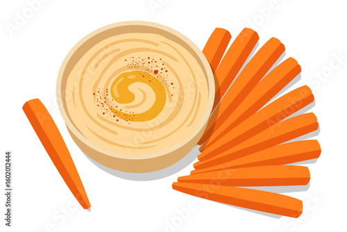 Bowl of hummus with olive oil and paprika, served with fresh carrot sticks, healthy vegetarian snack in flat vector style