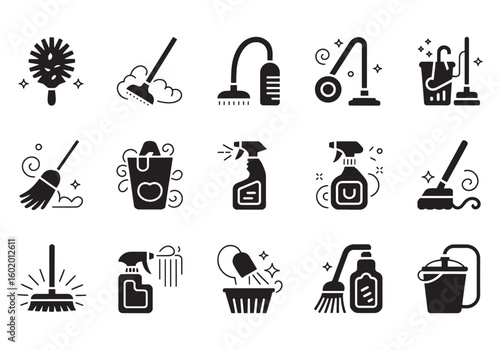 Assorted Cleaning Supplies and Tools Icons Collection for Housekeeping and Hygiene Purposes Vector Illustration