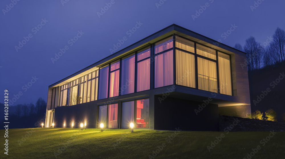 Fototapeta premium Contemporary Glass House with Night Lighting