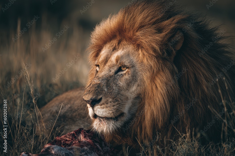 Obraz premium Starving lion feasting on its catch in the grasslands