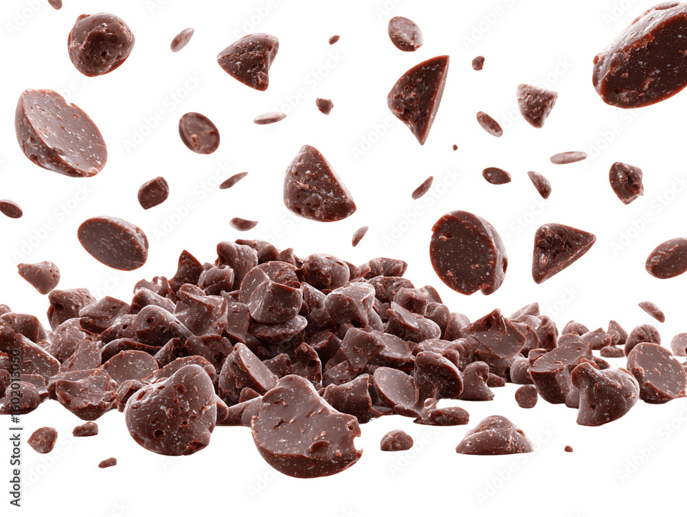 Fototapeta premium Falling Dark Brown Chocolate Chips on Transparent Background, PNG