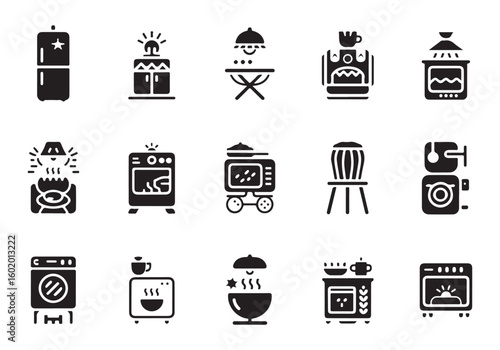 Collection of Black and White Kitchen and Dining Room Icons Representing Various Appliances and Furniture for Modern Interior Design and Home Dcor