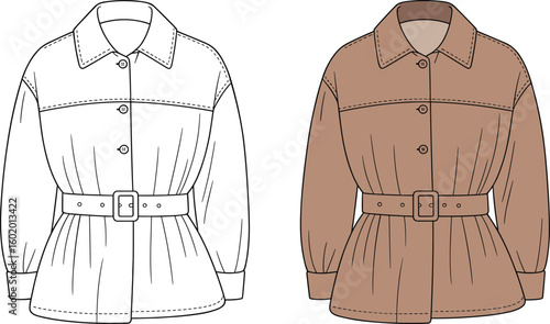 Belted button front jacket flat sketch, fashion illustration for women, long sleeve outerwear design, stylish waist cinch coat
