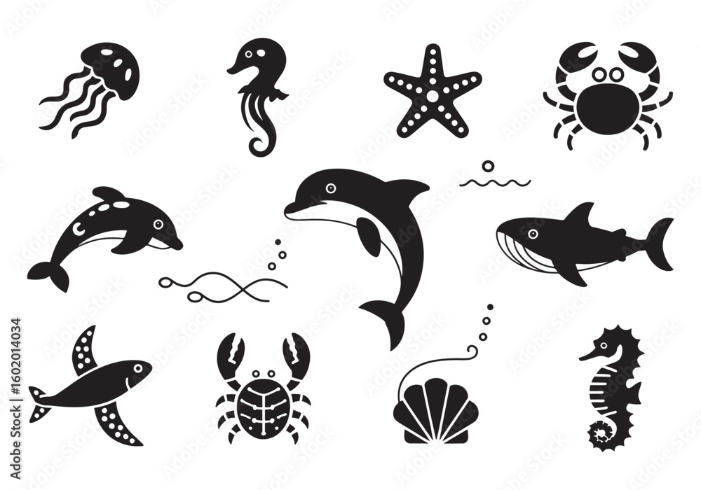 Obraz premium Collection of marine animal silhouettes isolated on white background featuring dolphin jellyfish starfish and other aquatic animals for design