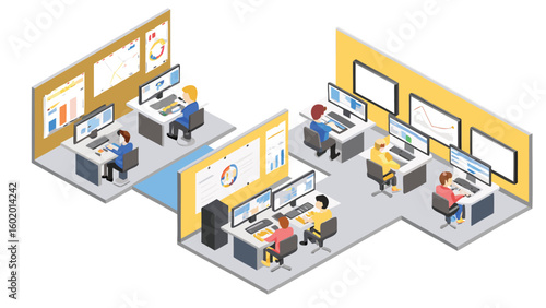 Isometric view of office spaces with workers at desks and monitors displaying data visualizations