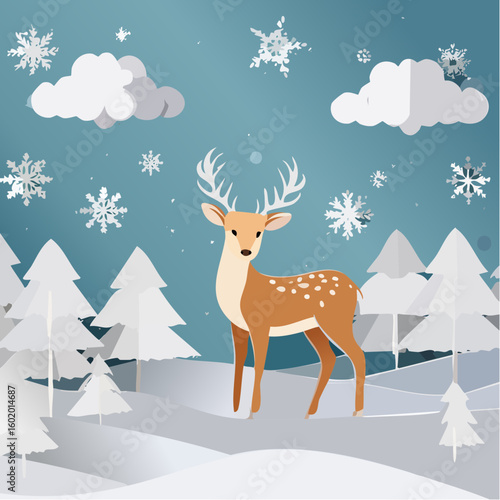 Papercraft illustration, deer in a winter forest with snowflakes and paper trees