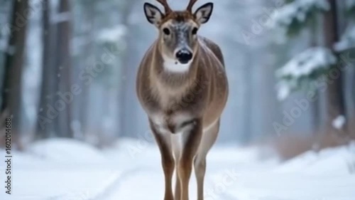 A Lone Deer Walking Through Snowy Forest
