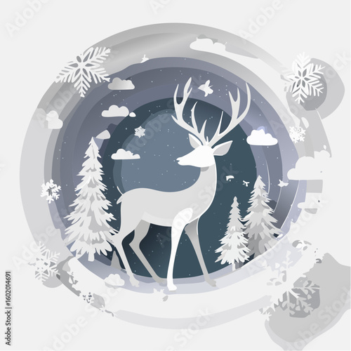Papercraft illustration, deer in a winter forest with snowflakes and paper trees