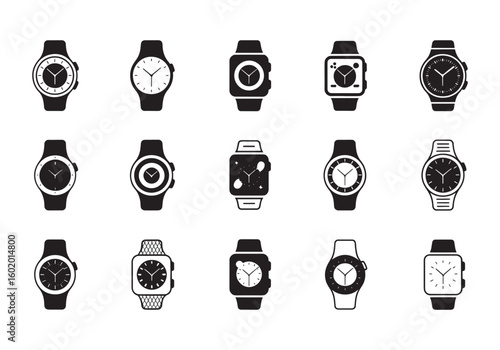 Diverse Collection of Black and White Watch Icons Showcasing Time and Technology on White Backdrop