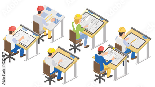Isometric view of architects working on drafting tables wearing hard hats in a bright office space
