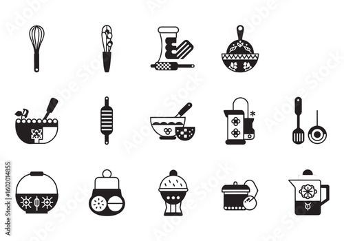 Diverse Kitchenware Icons Black and White Illustration for Culinary Design and Recipe Inspiration Minimalist Kitchen Tools and Utensils Collection