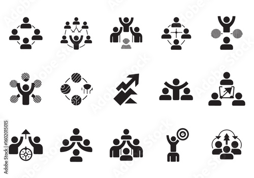 Diverse Teamwork Pictograms Illustrating Collaboration Leadership and Business Growth Strategies in a Modern Design Format