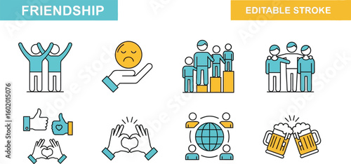Vector art of colorful friendship icons illustrating support happiness and collaboration in a modern design