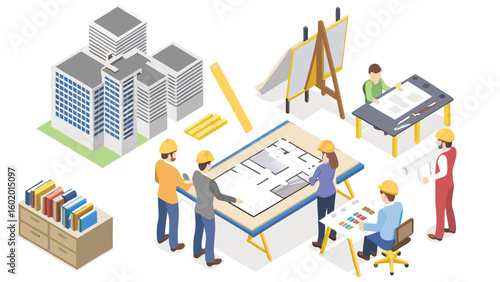Isometric view of architects reviewing blueprints and designs in a collaborative office setting scene