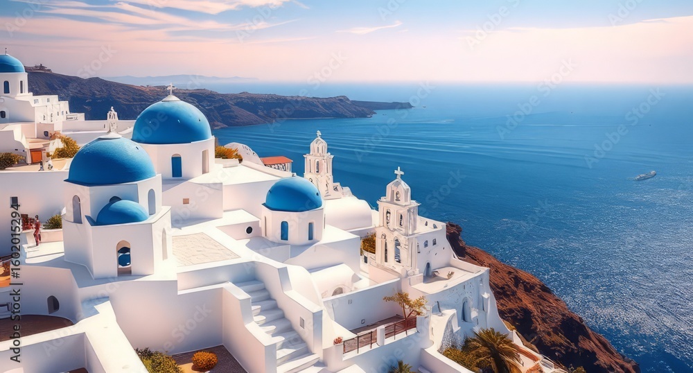 Naklejka premium The picturesque village of Oia on Santorini, Greece, with its iconic white buildings and blue domes cascading down a cliffside, overlooks the expansive Aegean Sea under a bright sky, embodying tranqui
