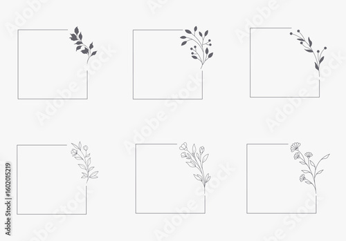 Floral and square hand drawn style. Floral black and white frame of twigs, leaves and flowers. Frames for the Valentine's day, wedding decor, logo and identity template.