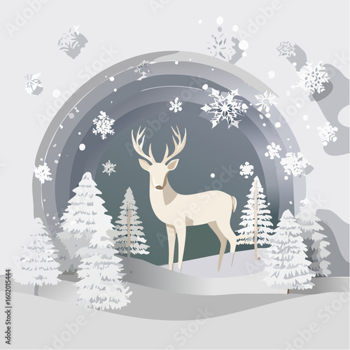 Papercraft illustration, deer in a winter forest with snowflakes and paper trees