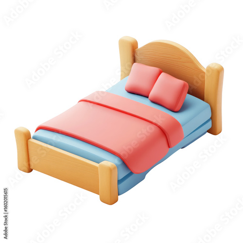 Wooden bed coral blanket blue mattress isolated on a transparent background