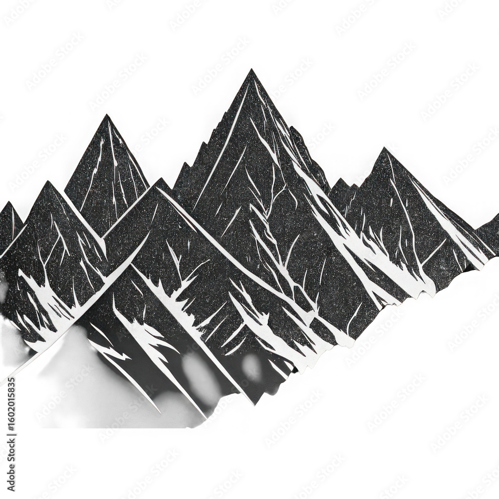 Fototapeta premium Stylized graphic of jagged mountain peaks with white accents isolated on transparent background