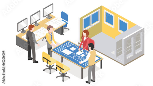 Isometric illustration of architects collaborating on a blueprint in an office environment setting