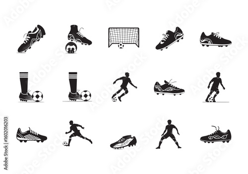 Soccer Equipment and Players Silhouettes Vector Illustration Set for Sports and Team Design Resources