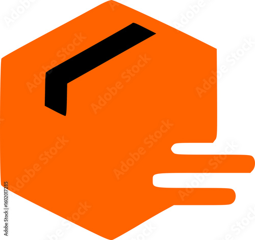 Orange hexagon logo with a black angled line and stylized flowing lines.