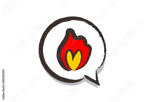 筆で描いた、吹き出しアイコン「火（ファイヤー、炎上、人気）」,  A speech bubble icon "Fire (fire, flames, popularity)" drawn with a brush