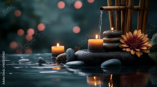 Relaxing water feature with candles and stones in tranquil setting at night