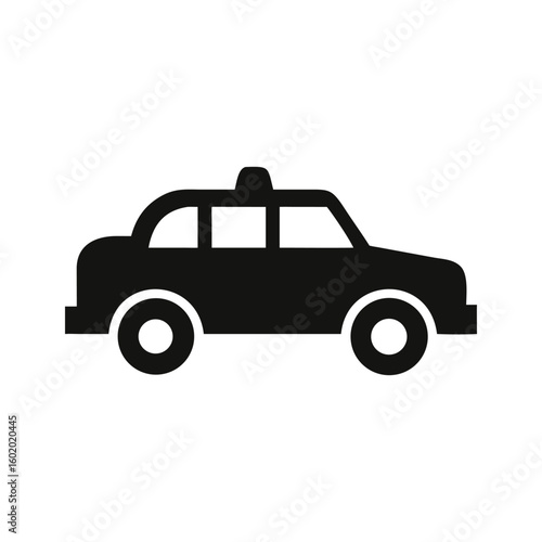 Bold silhouette illustration of a taxi picking up a rider. Great for use in ride-sharing services, cab booking interfaces, and transit infographics.