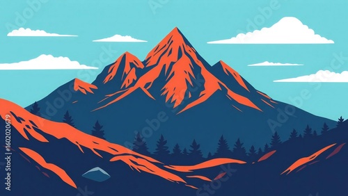 Vibrant orange mountain peaks under a clear blue sky with white clouds