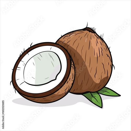 Fresh coconut halved with green leaves illustration