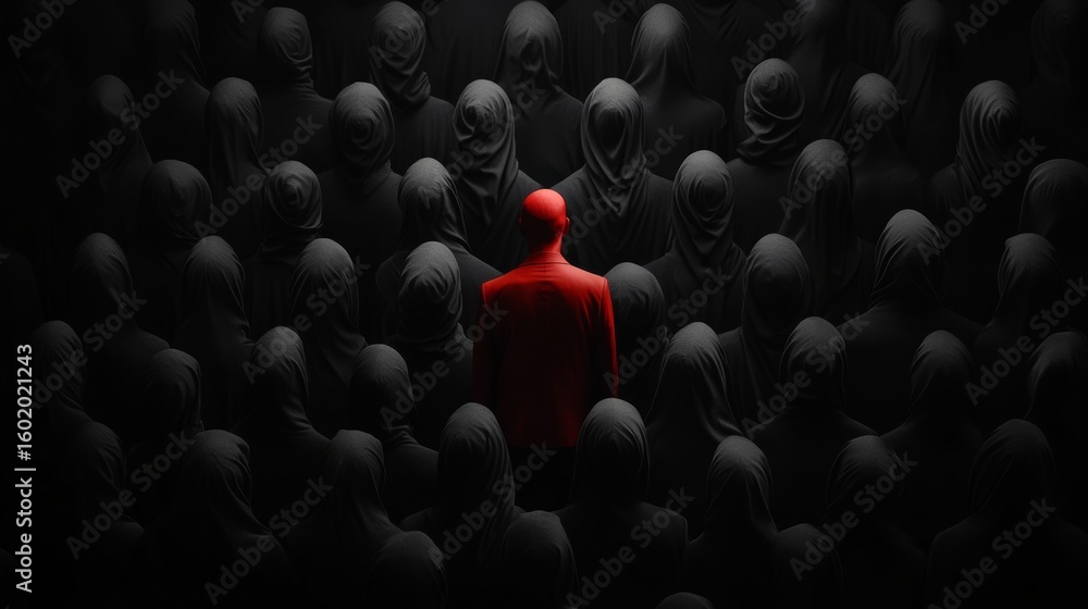 Obraz premium Conceptual art installation featuring solitary figure in red surrounded by faceless individuals in dark attire