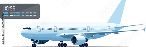 A white passenger airplane on the ground with a digital display showing the time ten fifty five am