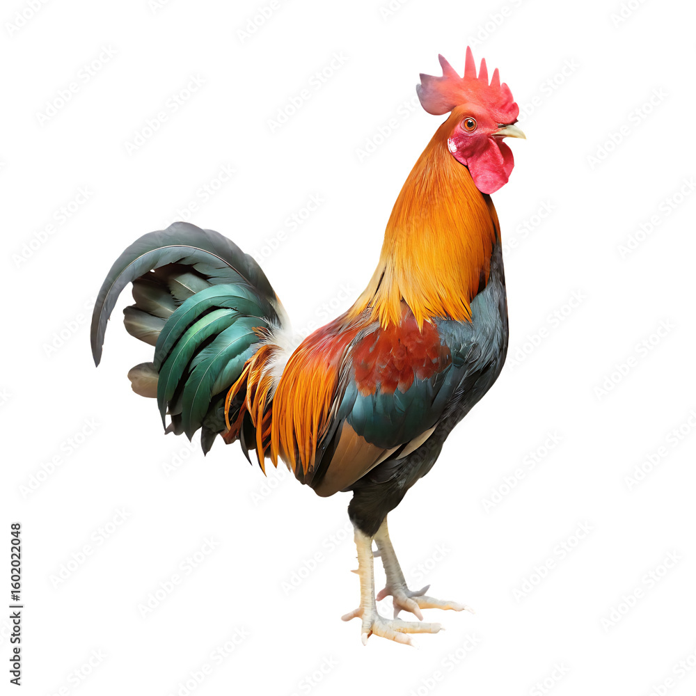 Fototapeta premium Vibrant rooster with colorful plumage isolated on a transparent background chicken