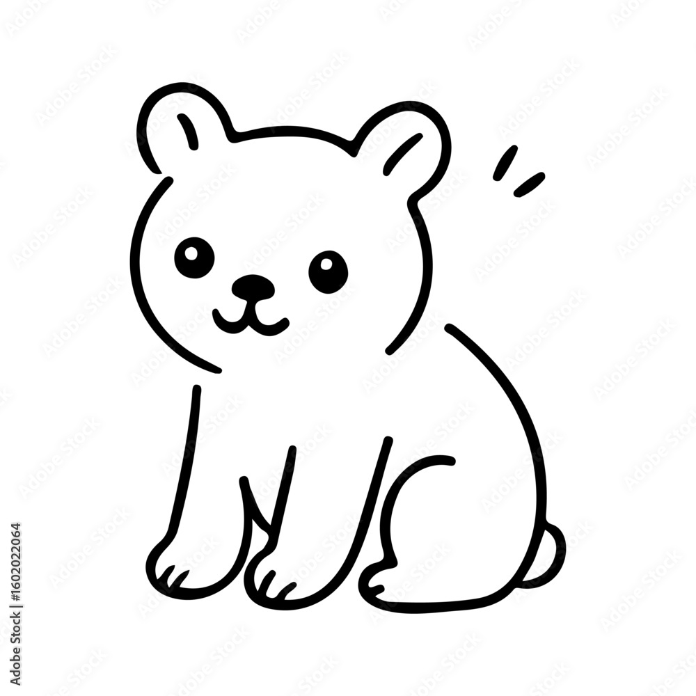 Obraz premium Minimalist vector line-art illustration of a sitting bear cub with a cute expression. Great for children’s products, animal themes, forest creatures, cartoon sets, and nursery designs.