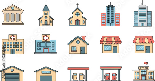 Illustration of various public and private buildings like churches and city halls and hospitals