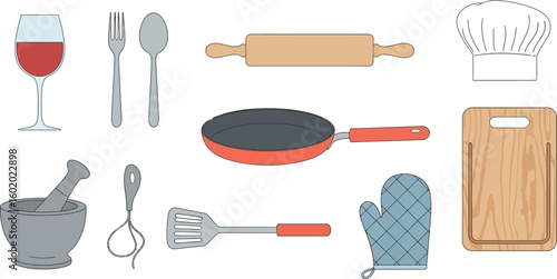A collection of kitchen tools including a glass of wine and a chef's hat on a white background