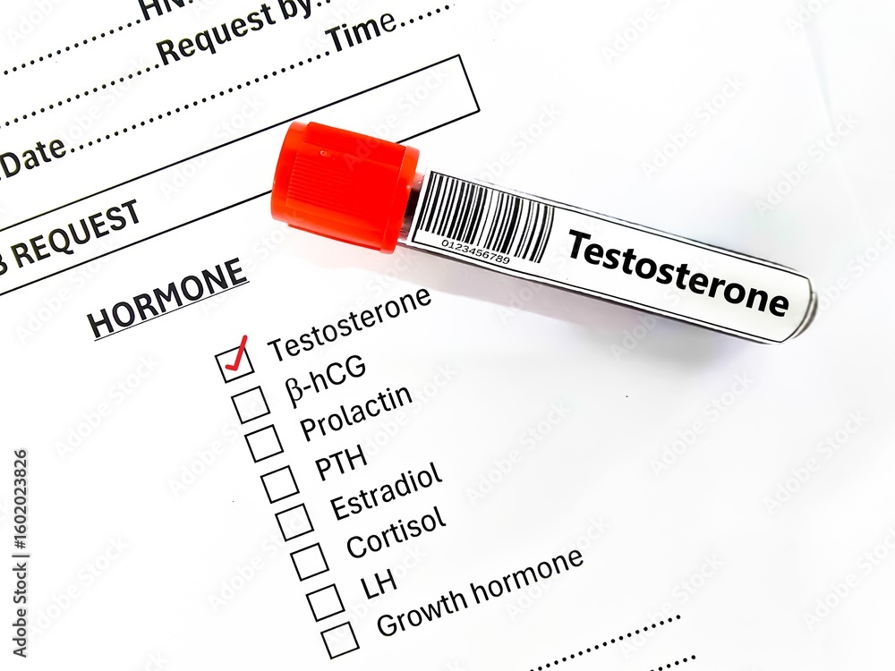 Obraz premium Blood sample tube and paper order request for testosterone test analysis.