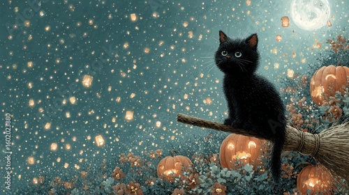 Cute Black Kitten on a Broom with Lanterns and Pumpkins, Copy Space