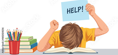 A student overwhelmed with homework holding a help sign with books and pencils on the desk beside him