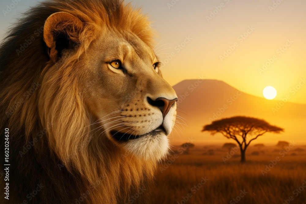 Obraz premium Majestic lion in golden savanna landscape at sunrise with acacia tree and distant mountain background, showcasing wildlife beauty and natural light glow.