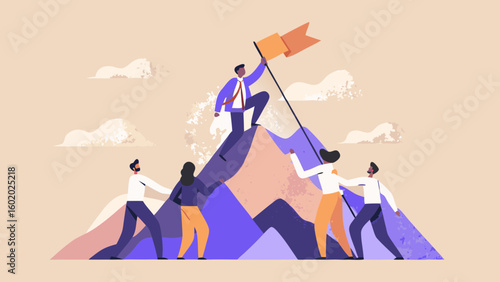 A team of people helping each other climb a mountain with a leader planting a flag on the top peak