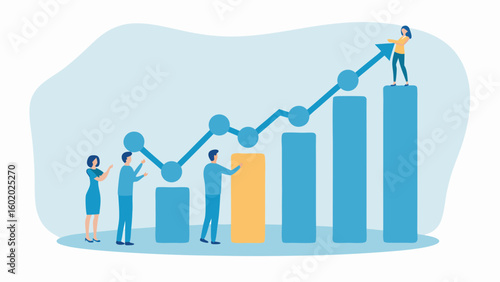 Teamwork leading to success shown with a rising graph and a woman standing at the top of the highest bar