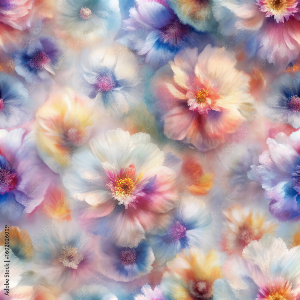 Obraz premium Floral Fantasy: A vibrant display of various types of flowers in soft, pastel hues. The image brings a sense of serenity and the beauty of botanical life. 